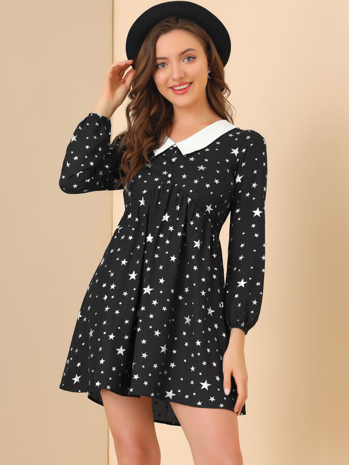 allegra k Women's Star Printed Long Sleeve Metallic Party A-Line Peter Pan Collar Mini Dress