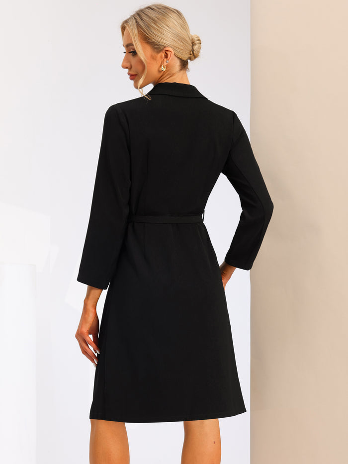 Allegra K Work Elegant Notched Collar Belted Pleated Button Blazer Dress