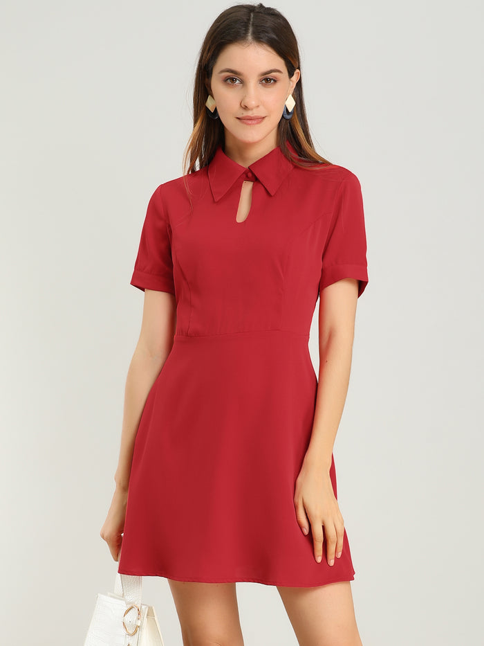 allegra k Work Fit and Flare Mini Turndown Collared Keyhole Dress