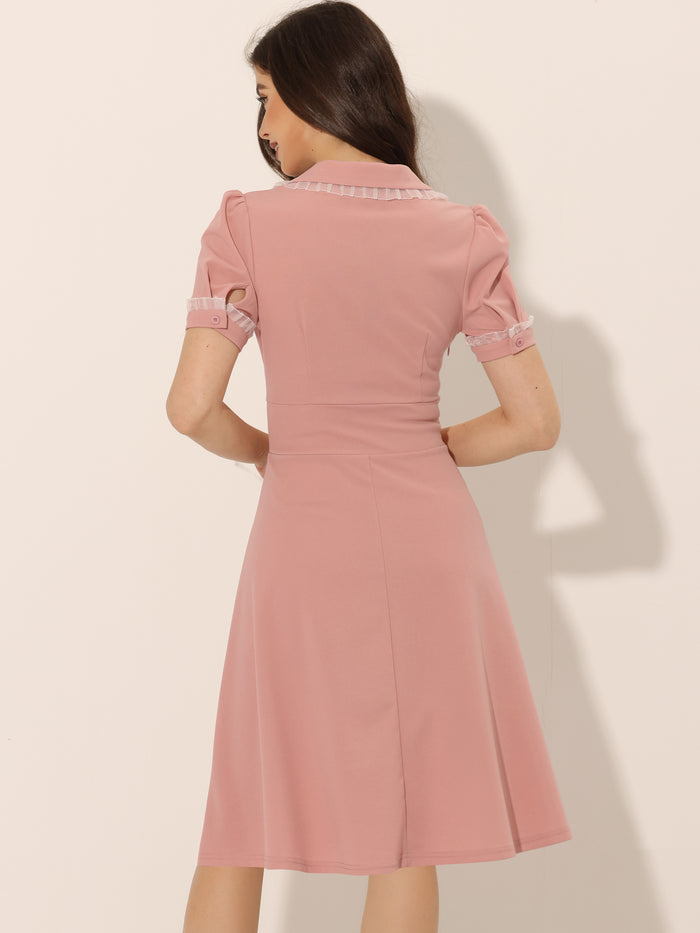 Allegra K Work Lace Notched Collar Vintage 1950s Short Sleeve Midi Shirt Dress