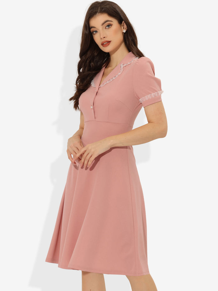 Allegra K Work Lace Notched Collar Vintage 1950s Short Sleeve Midi Shirt Dress