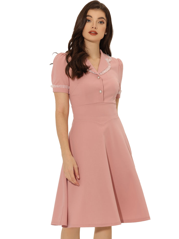 Allegra K Work Lace Notched Collar Vintage 1950s Short Sleeve Midi Shirt Dress