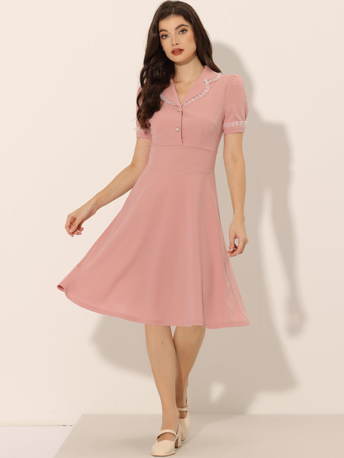 allegra k Work Lace Notched Collar Vintage 1950s Short Sleeve Midi Shirt Dress