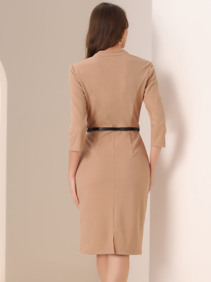 Allegra K Work Office Dress 3/4 Sleeve Belted Sweetheart Neck Sheath Dress