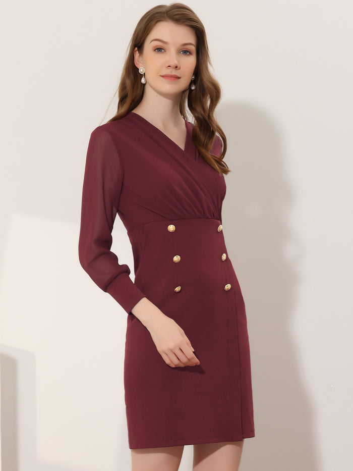 Allegra K Work Office V Neck Mesh Sheer Sleeve Mini Dress