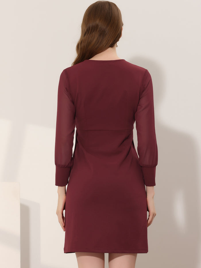 Allegra K Work Office V Neck Mesh Sheer Sleeve Mini Dress