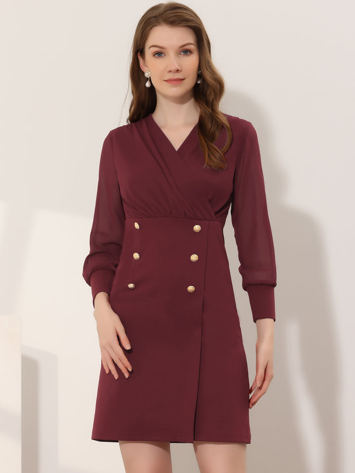 allegra k Work Office V Neck Mesh Sheer Sleeve Mini Dress