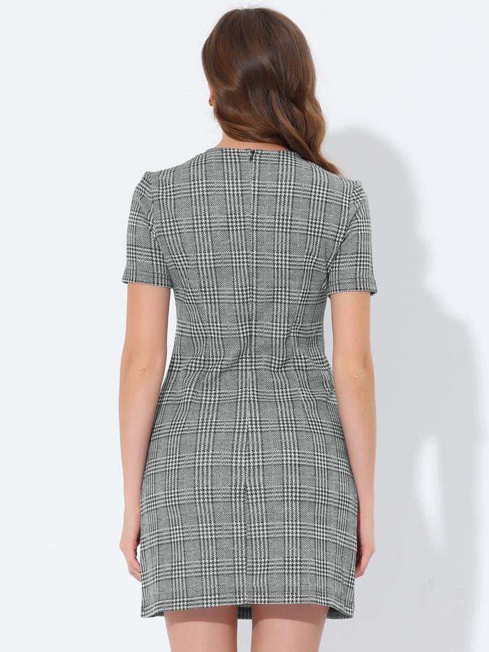 Allegra K Work Short Sleeve Vintage Houndstooth Pencil Sheath Dress