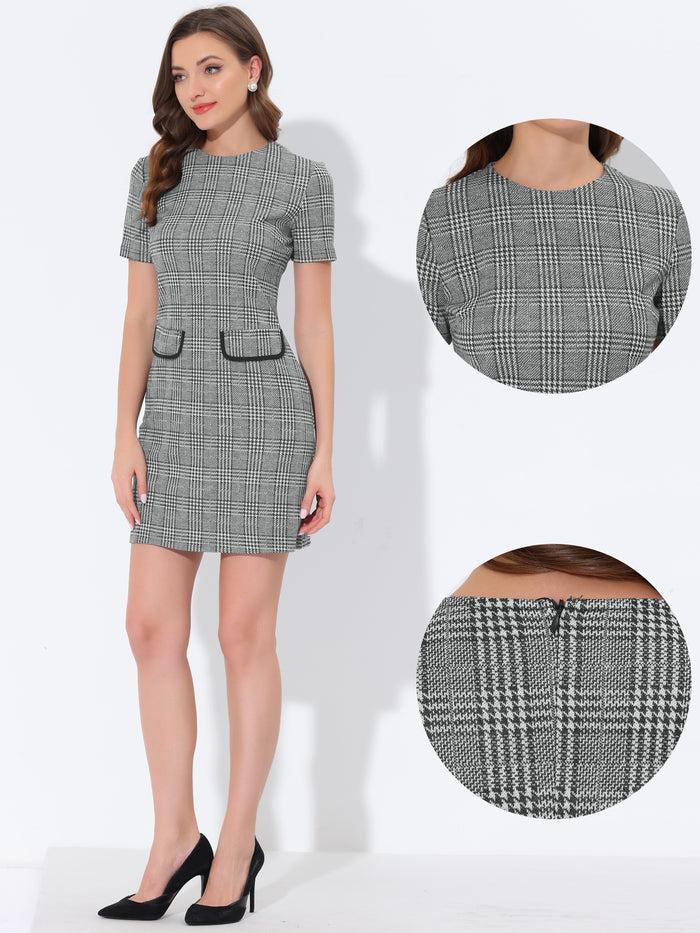Allegra K Work Short Sleeve Vintage Houndstooth Pencil Sheath Dress