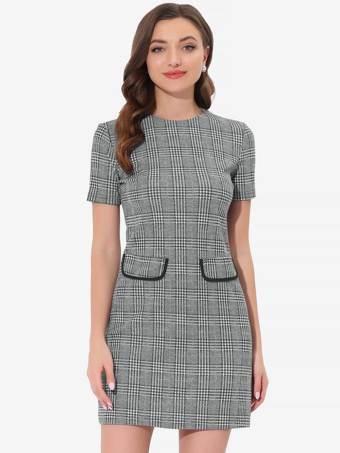 Allegra K Work Short Sleeve Vintage Houndstooth Pencil Sheath Dress