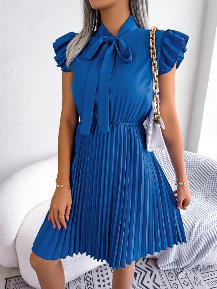 Allegra K Wrinkle-Resistant Chiffon Bow Tie Neck Ruffled Sleeves Pleated Midi Dress