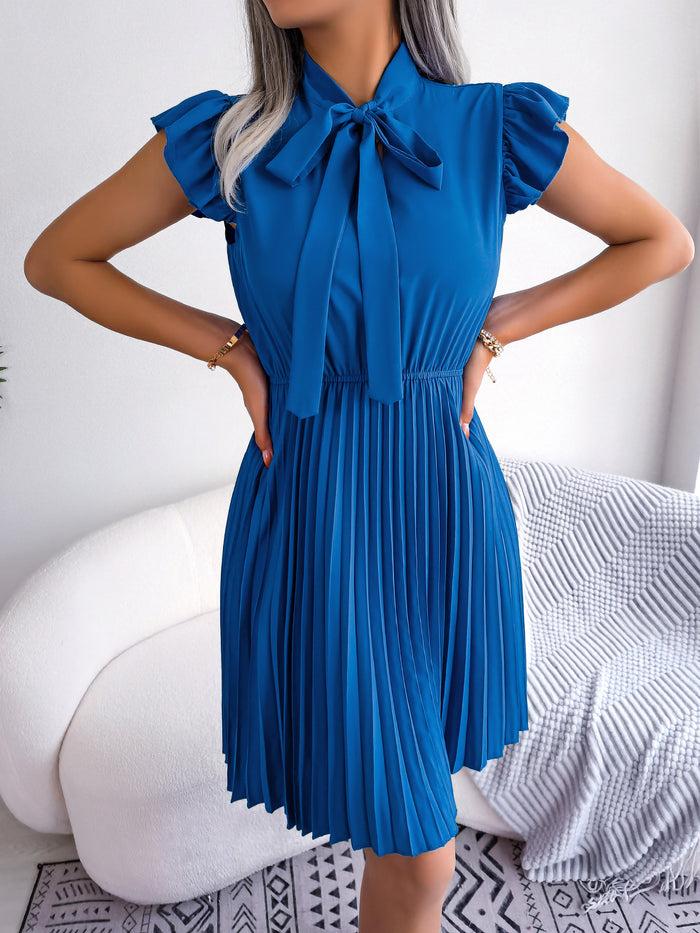 Allegra K Wrinkle-Resistant Chiffon Bow Tie Neck Ruffled Sleeves Pleated Midi Dress