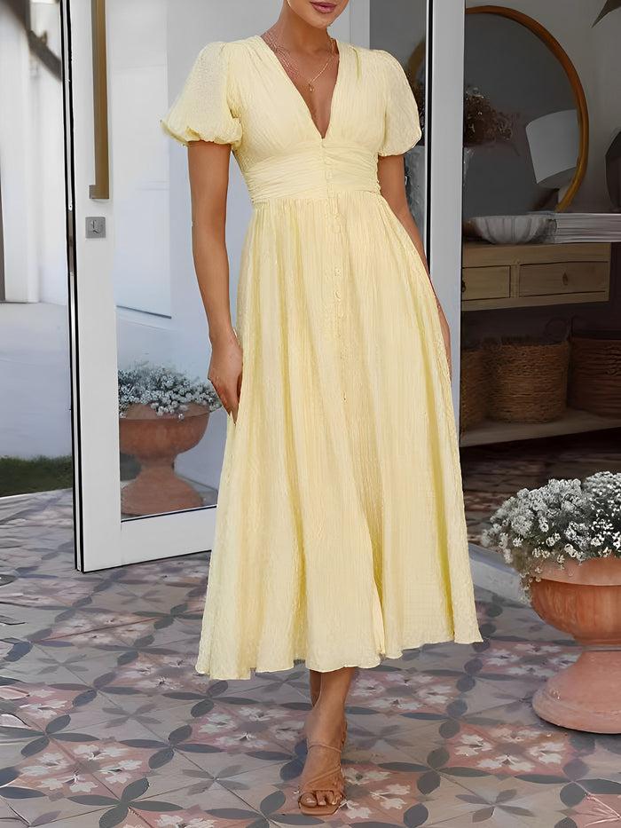 Allegra K Wrinkle-Resistant Polyester Solid Color V Neck Puff Sleeve Textured Midi Office Dress