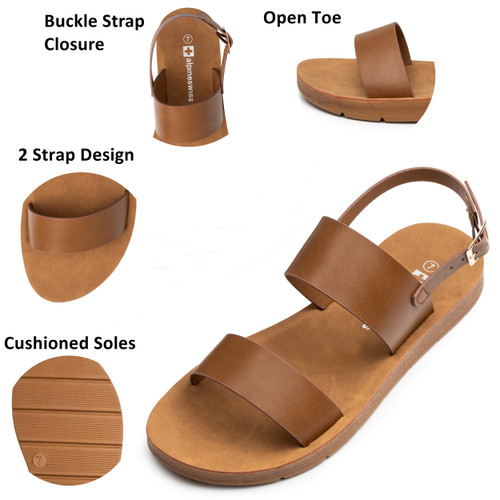 Alpine Swiss Alpine Swiss Beth Womens Sandals | Flat Two Strap Buckle Summer Shoes | Comfortable Everyday Footbed Slides | Casual Slip On Sandals For Women