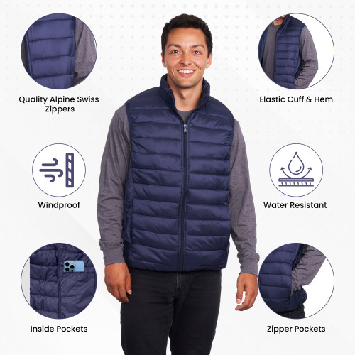 Alpine Swiss Alpine Swiss Clark Mens Puffer Vest Down Alternative Water Resistant Packable Outerwear Zip Up Pockets Warm Versatile Layer