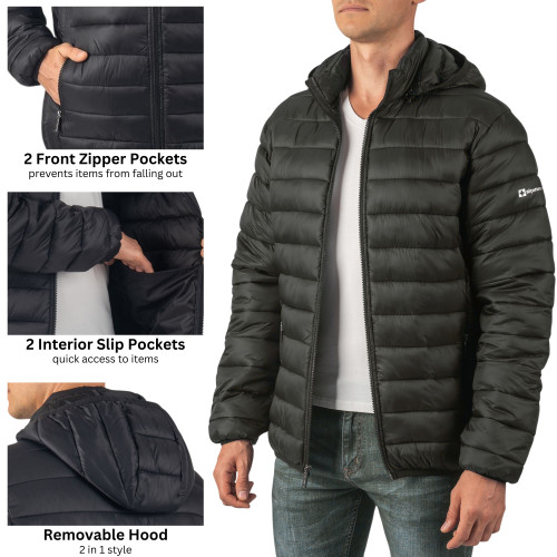 Alpine Swiss Alpine Swiss Milo Men's Hooded Puffer Jacket Light Down Alternative Packable Water-Resistant Bubble Coat With Removable Hood