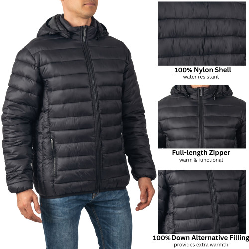 Alpine Swiss Alpine Swiss Milo Men's Hooded Puffer Jacket Light Down Alternative Packable Water-Resistant Bubble Coat With Removable Hood