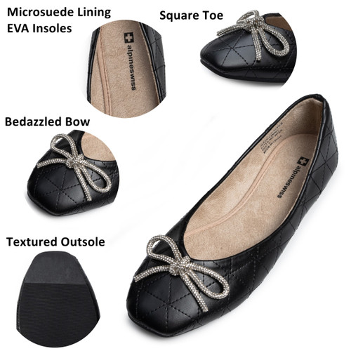 Alpine Swiss Alpine Swiss Myla Womens Ballet Flats Square Toe Rhinestone Bow Dressy Slip On Shoes