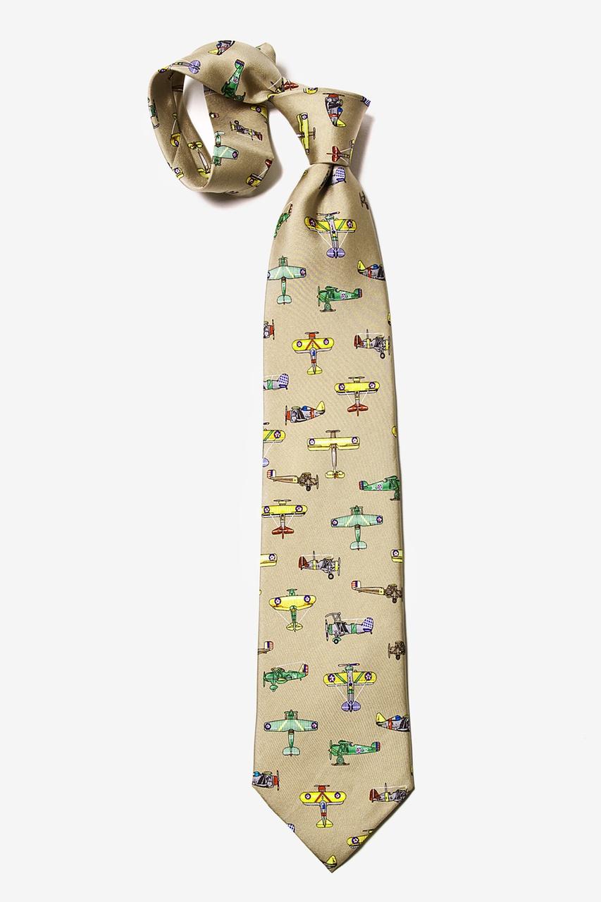 Alynn Vintage US Warplanes Tan/taupe 100% Silk Tie