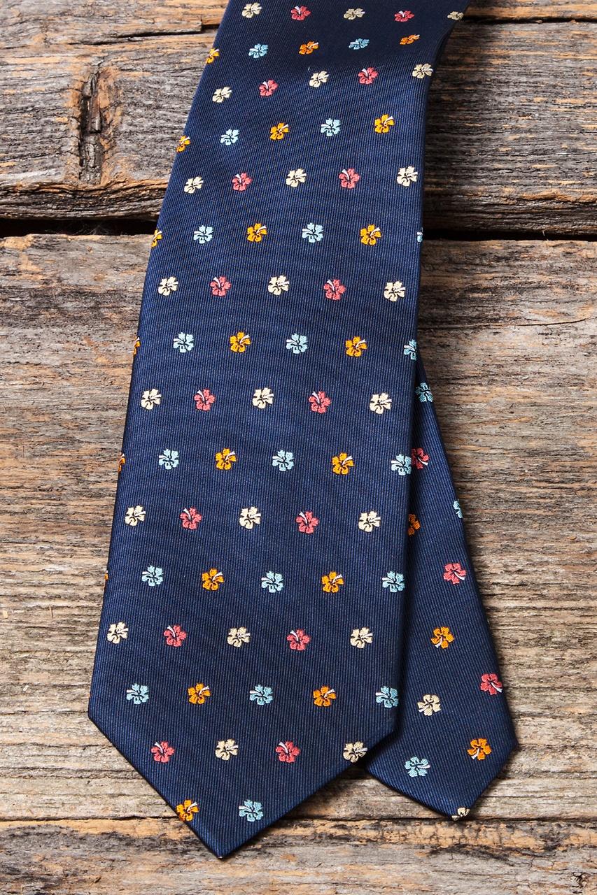 Alynn Awesome Blossoms Navy Blue 100% Silk Extra Long Tie