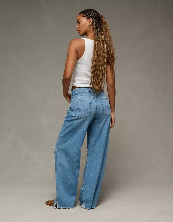 American Eagle AE Dreamy Drape Stretch Curvy Ripped Super High-Waisted Baggy Wide-Leg Jean