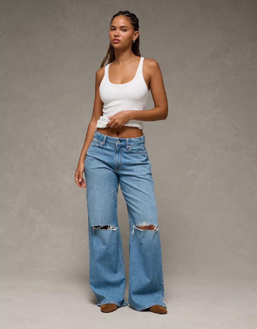 american eagle AE Dreamy Drape Stretch Curvy Ripped Super High-Waisted Baggy Wide-Leg Jean