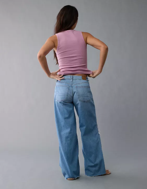 American Eagle AE Dreamy Drape Stretch Ripped Low-Rise Baggy Wide-Leg Jean