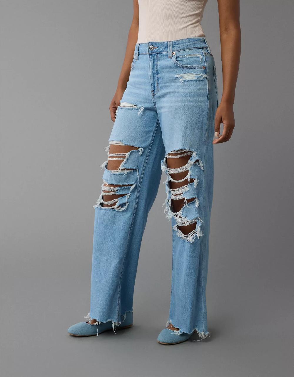 american eagle AE Dreamy Drape Stretch Ripped Super High-Waisted Baggy Wide-Leg Jean