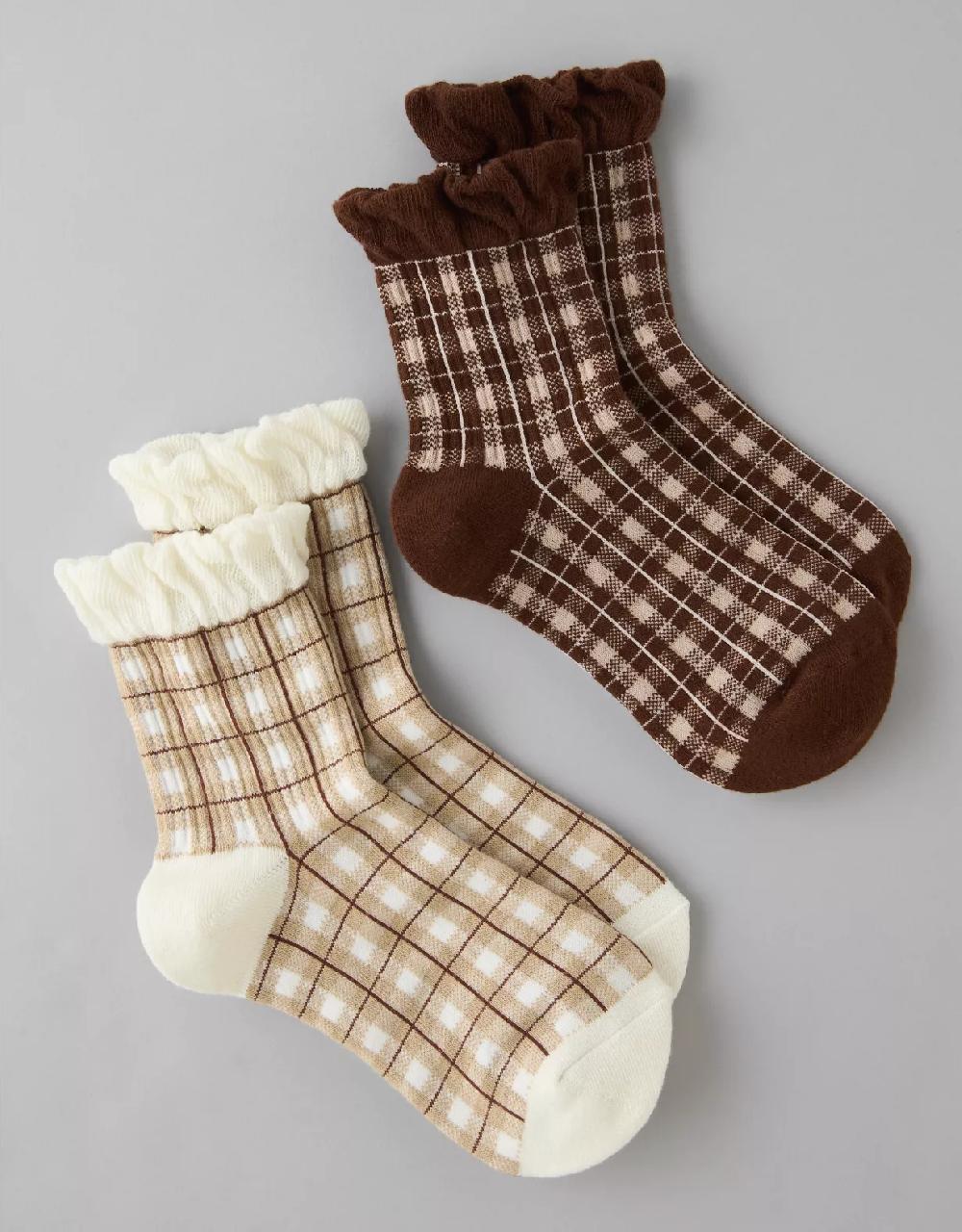 American Eagle AE Plaid Ruffle Cropped Crew Socks 2-Pack