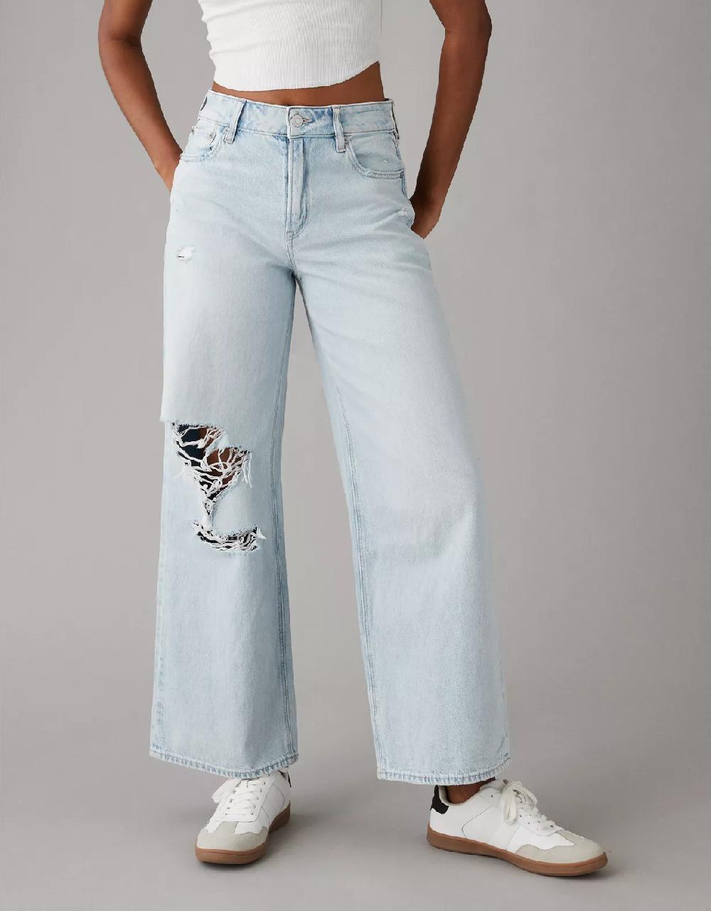 american eagle AE Strigid Ripped Super High-Waisted Baggy Wide-Leg Ankle Jean