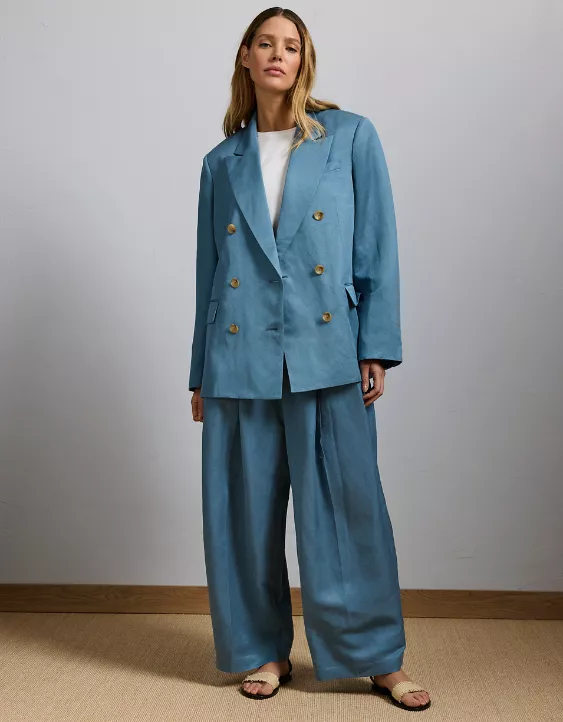 American Eagle AE77 Premium Linen-Silk Blend Double-Breasted Blazer