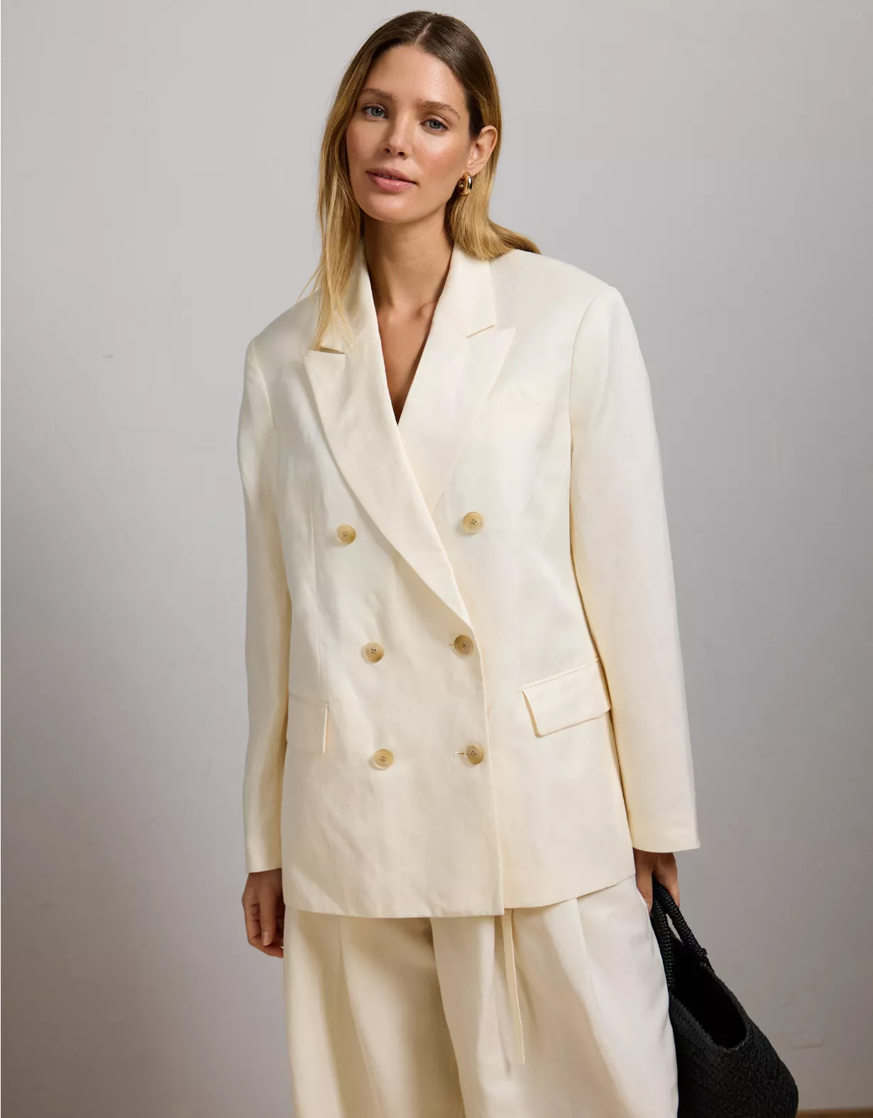 american eagle AE77 Premium Linen-Silk Blend Double-Breasted Blazer