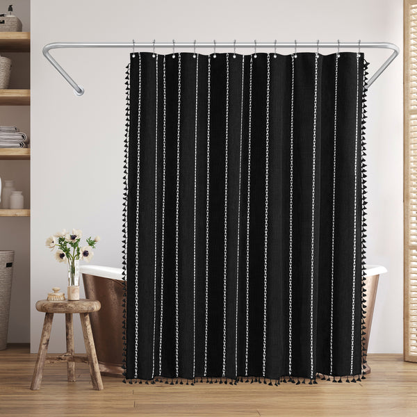 Americanflat 71x71 Woven Linen Shower Curtain With Tassel Accents And 12 Grommets | – Americanflat Black