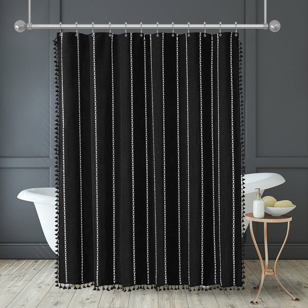 americanflat 71x71 Woven Linen Shower Curtain with Tassel Accents and 12 Grommets | – Americanflat Black