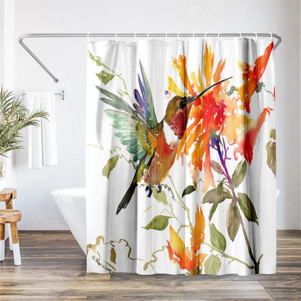 americanflat 71x74 Shower Curtain with 12 Metal Grommets | Hummingbird and Orange F – Americanflat