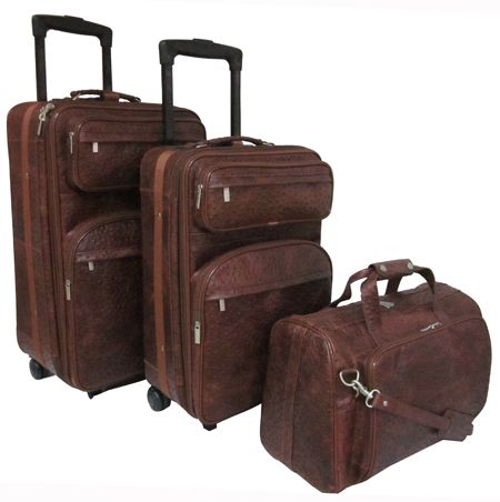 amerileather Amerileather Brown Ostrich Print Leather Three Piece Set Traveler (#8003-6)
