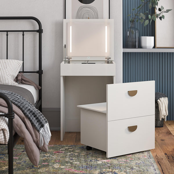 Ameriwood Home Ameriwood Home 3-in-1 Vanity Set Makeup Storage Desk & Stool Mirror W/ LED Lights & USB Charging Station