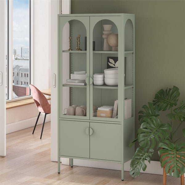 Ameriwood Home CosmoLiving Chloe Tall Metal Display Cabinet With 2 Arched Glass Doors