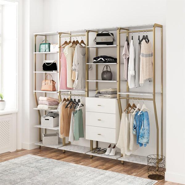 Ameriwood Home CosmoLiving Gwyneth Closet 4 Piece Bundle-2 Hanging Rod 1 Shelf & 1 Drawer Unit