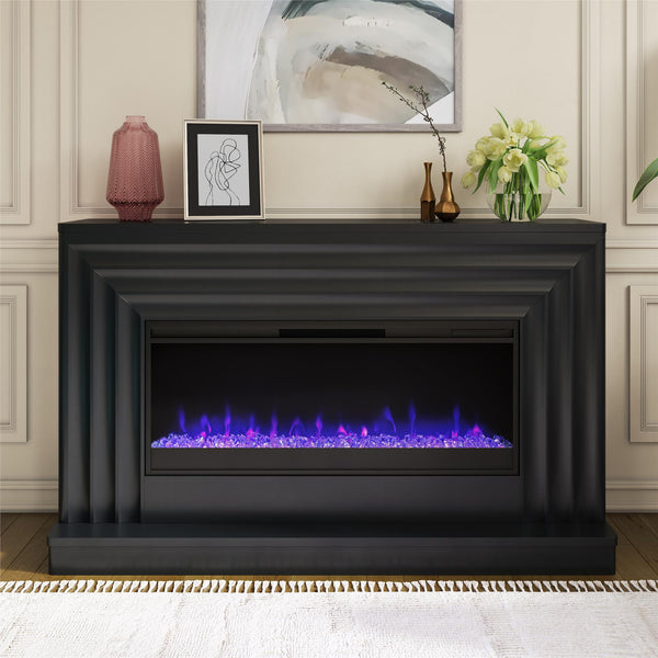 Ameriwood Home CosmoLiving Rene Electric Fireplace Mantel 65" TV Stand With Multi-Color Flame And Crystal Ember Bed