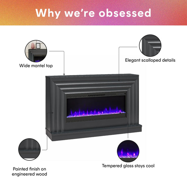 Ameriwood Home CosmoLiving Rene Electric Fireplace Mantel 65" TV Stand With Multi-Color Flame And Crystal Ember Bed