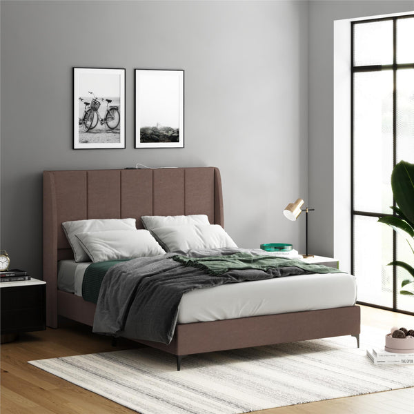 Ameriwood Home DHP Lamora Upholstered Wingback Bed Frame With USB