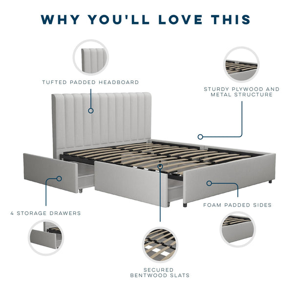 Ameriwood Home Novogratz Brittany Upholstered Bed With Storage Drawers