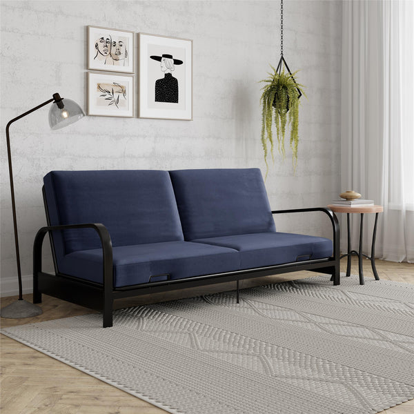Ameriwood Home RealRooms Karli Black Metal Arm Futon Frame With 6" Blue Mattress And Extra Black Slipcover