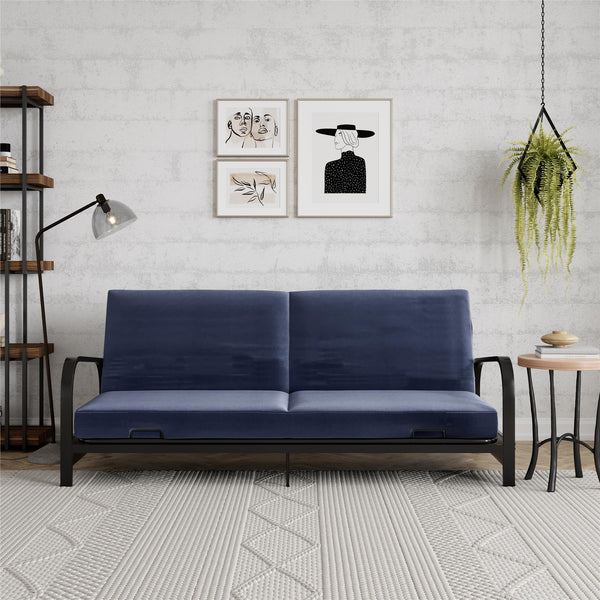 Ameriwood Home RealRooms Karli Black Metal Arm Futon Frame With 6" Blue Mattress And Extra Black Slipcover