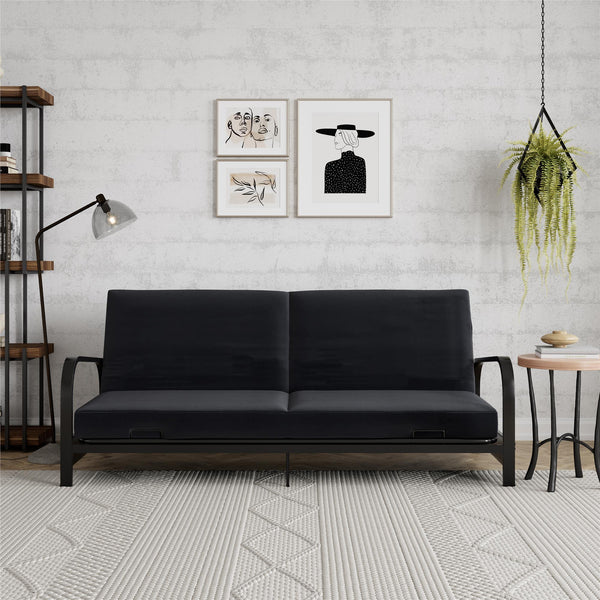 Ameriwood Home RealRooms Karli Black Metal Arm Futon Frame With 6" Blue Mattress And Extra Black Slipcover