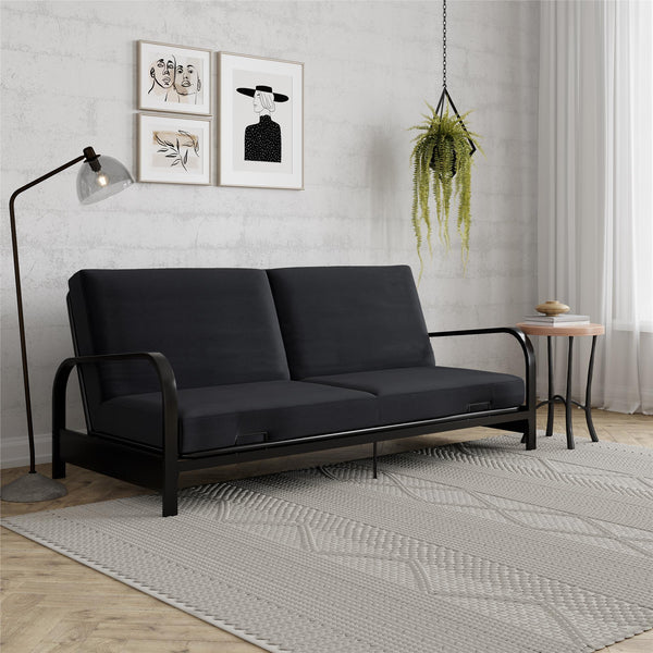 ameriwood home RealRooms Karli Black Metal Arm Futon Frame with 6" Blue Mattress and extra Black Slipcover