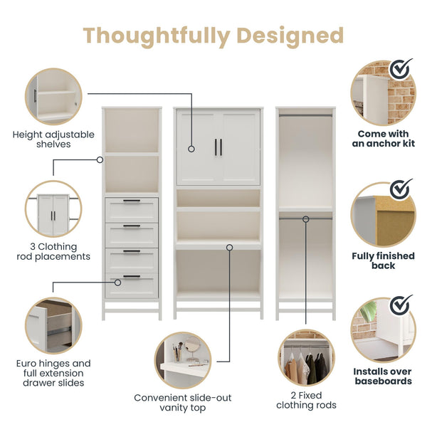 Ameriwood Home Systembuild Evolution Luxe Wardrobe Closet Organizer With Vanity 3-Piece Bundle