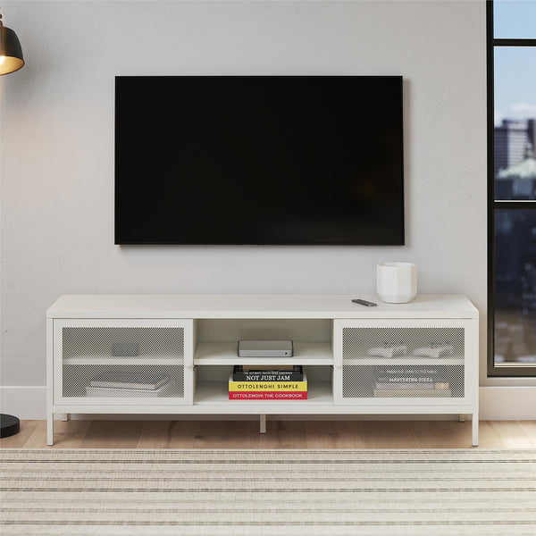 Ameriwood Home Systembuild Evolution Sunset District Metal TV Stand For TVs Up To 65" With Perforated Metal Sliding Doors