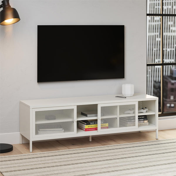 Ameriwood Home Systembuild Evolution Sunset District Metal TV Stand For TVs Up To 65" With Perforated Metal Sliding Doors